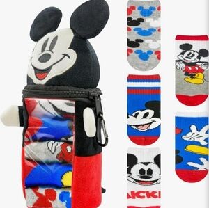 Disney Mickey Mouse Boys 5-pack Crew Socks Inside Plush Zippered Pencil Case